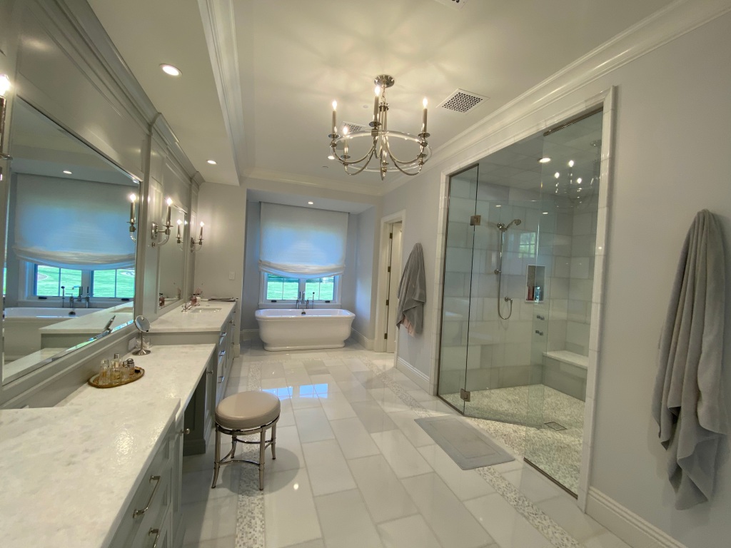 master bathroom, primary bath, custom design, marble flooring, freestanding tub, shower layout, shower glass, custom cabinets, radiant heat 